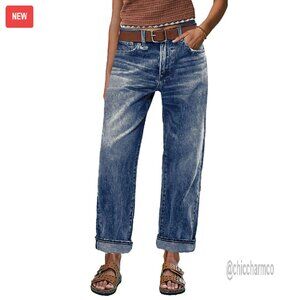 Mid Waist Straight Leg Crop Jeans Raw Hem Denim Women's